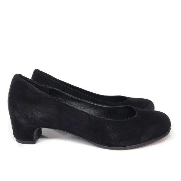 Eileen Fisher Neat Black Suede Round-Toe Low Block Heel Slip-On Pumps - Picture 3 of 14